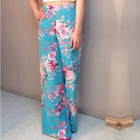 Cherry Blossom turquoise,blue Kimono high waisted wide leg pants,small,floral - Picture 2 of 13